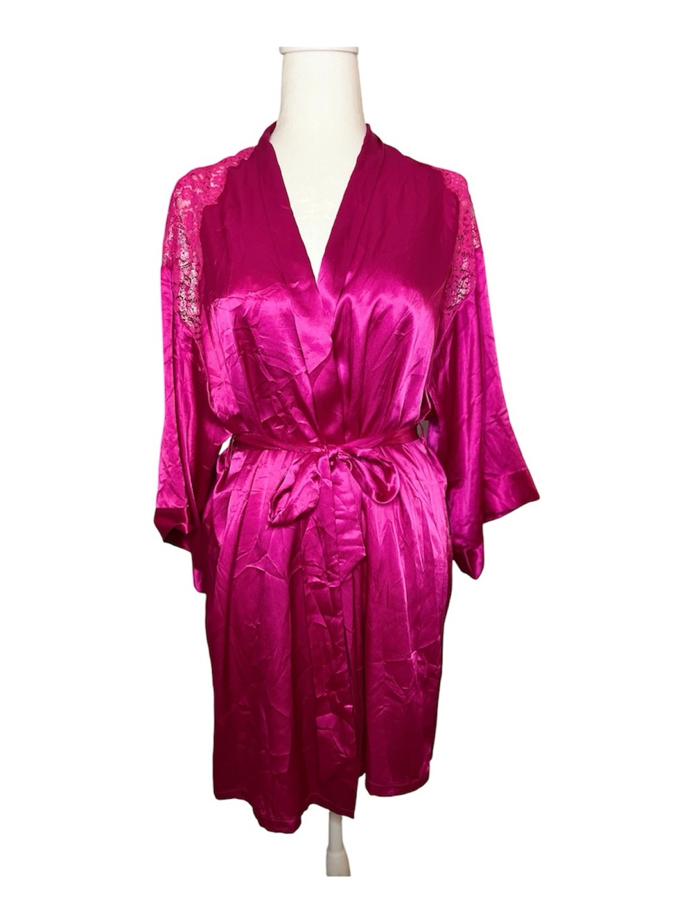 Victoria's Secret Hot Pink Satin Lace-Trim Robe XS